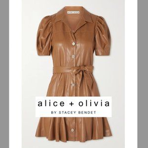 ALICE + OLIVIA Ofra Pleated Belted Vegan Leather Mini Dress